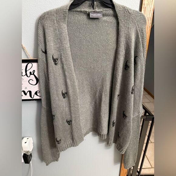 Wooden Ships Knits Wool Mohair Open Cardigan Skull Print Gray Size M/ L - Picture 3 of 8